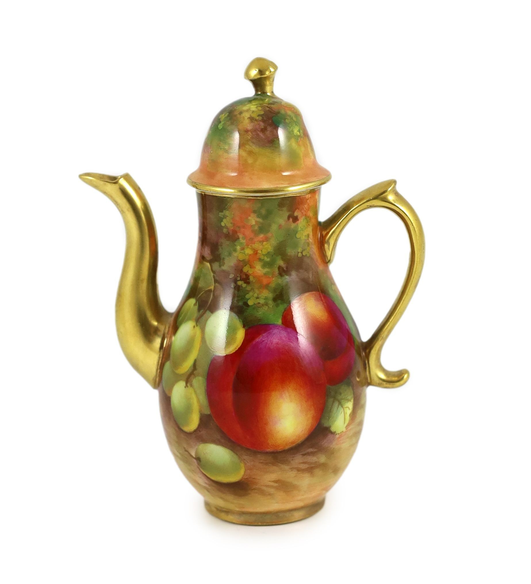 A small Royal Worcester fruit painted coffee pot, by E. Townsend, date code for 1932, 12.5 cm high